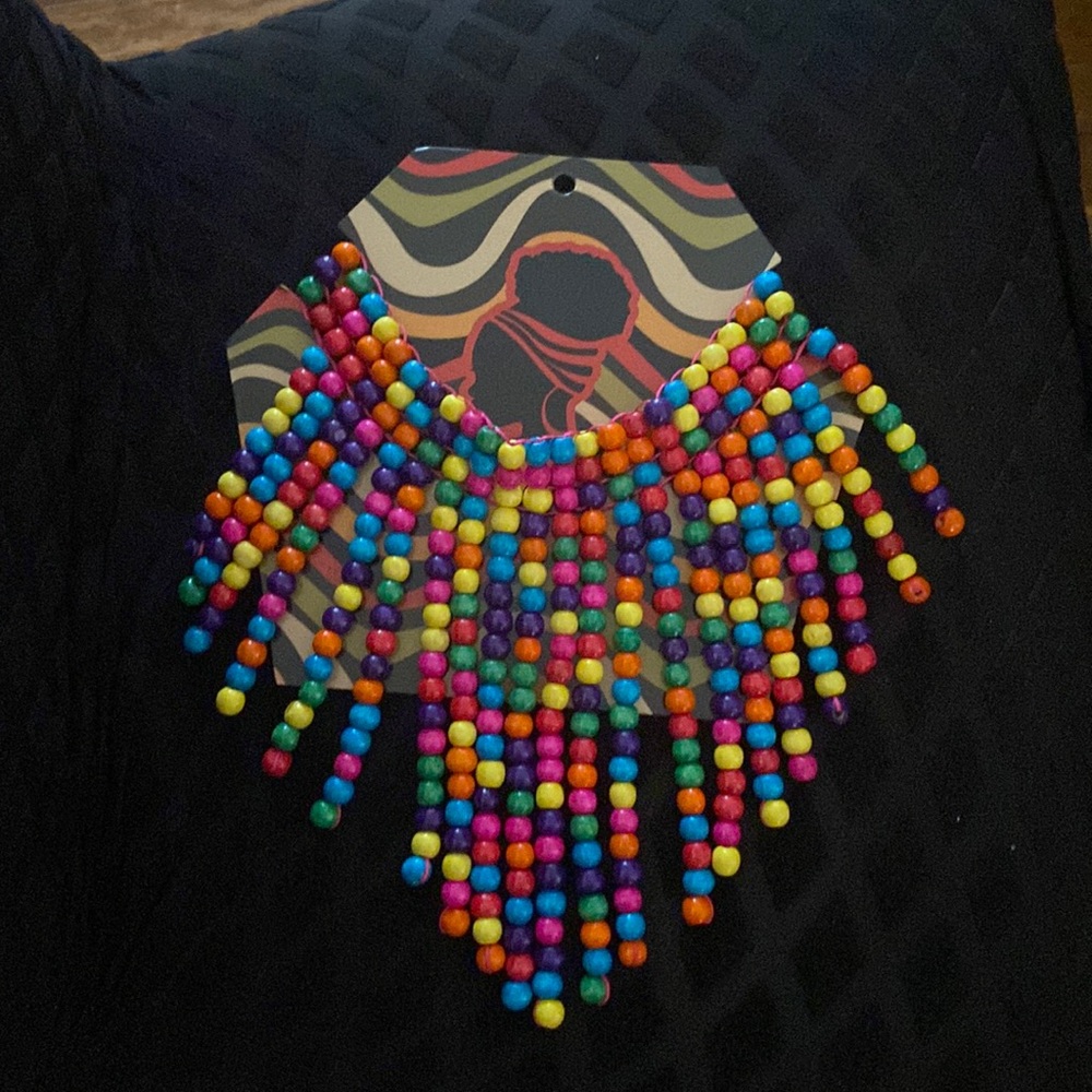 Beaded necklace in vibrant colors.